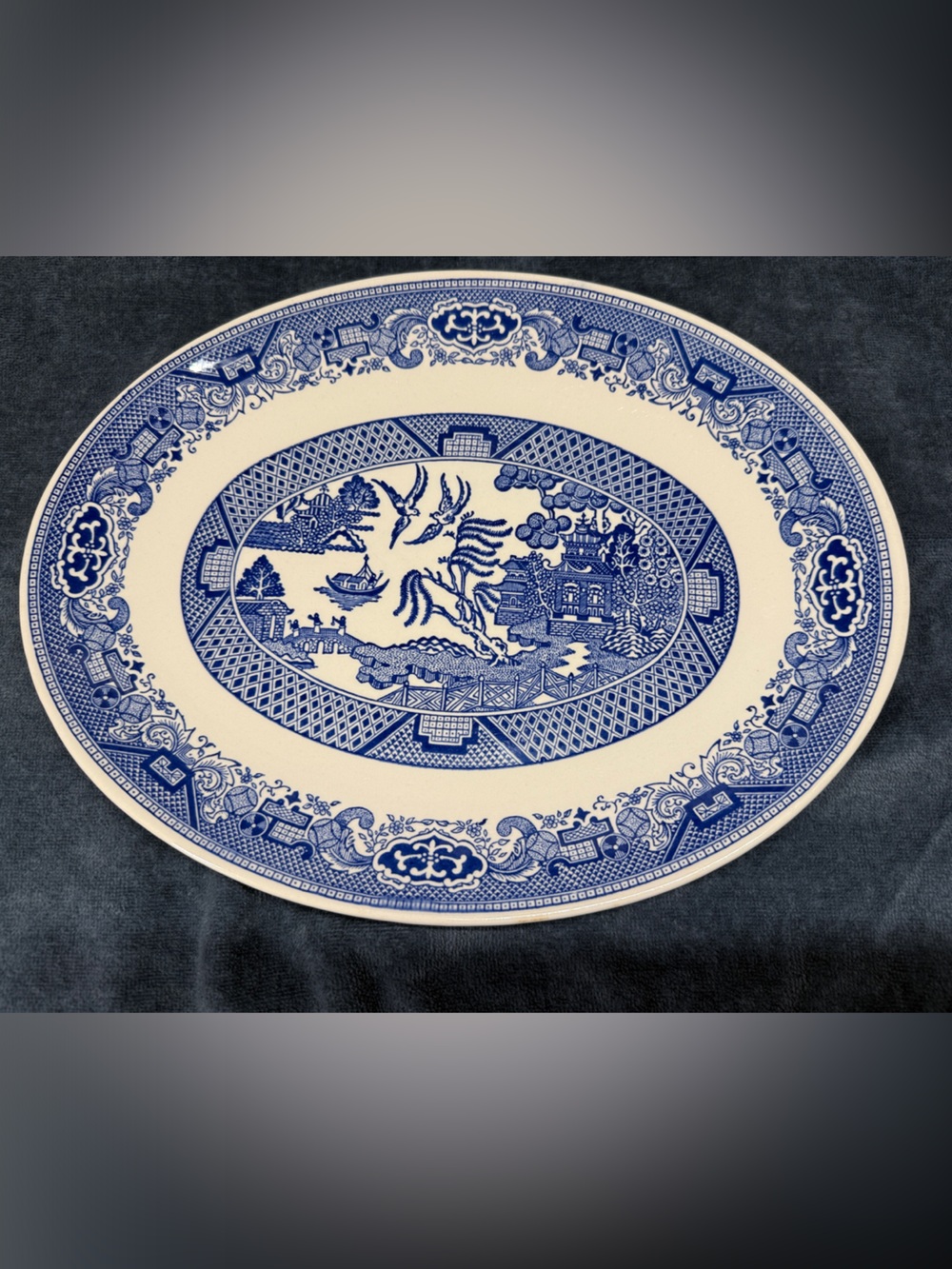 Blue and White Willow-Pattern Ceramic Serving Platter